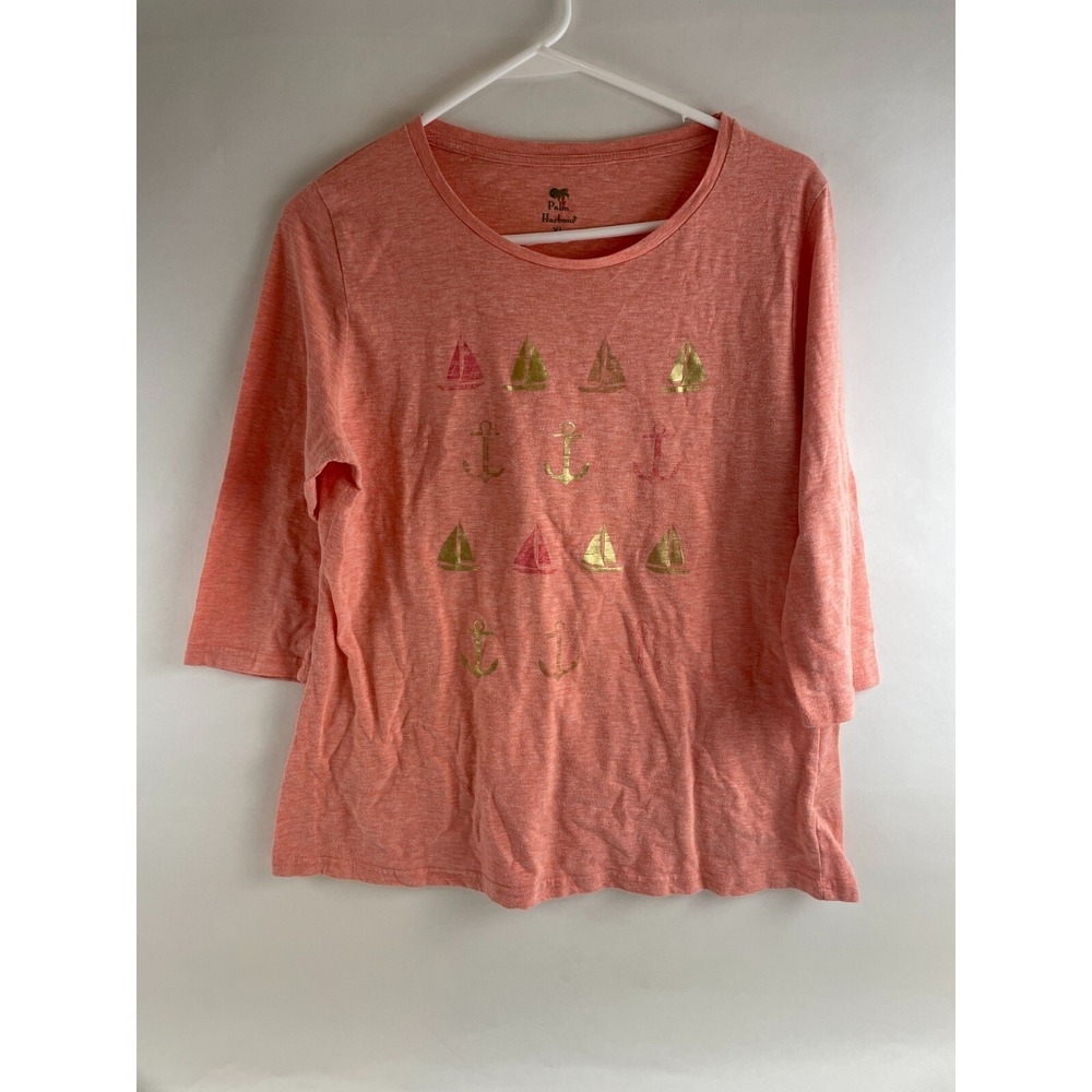 Pal Harbour Shirt Women's Size XL Peach Sail Boat Nautical 3/4 Sleeve Crewneck